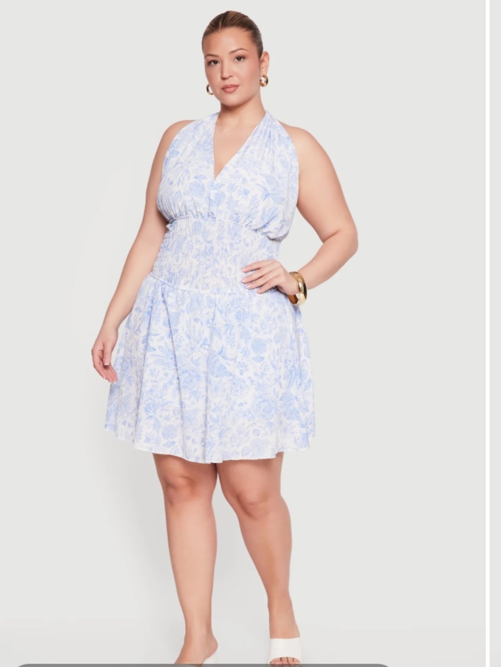 Plus Size Light Blue Floral Halter Mini Dress